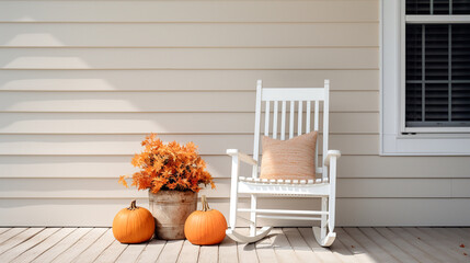 White rocking chair with pillow, pumpkins, and fall decor planter on porch against beige exterior wall in minimalist style