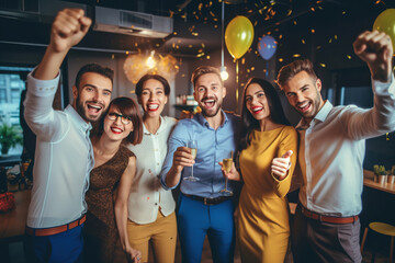 Corporate businesspeople having fun and in corporate party at office, celebrating spacial event such as corporate anniversary or business success.