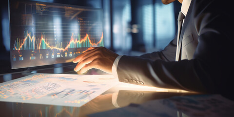 Closeup of a businessman's hand managing financial data on a futuristic stock chart graphic. Business investors in the stock exchange market and cryptocurrency data analytics using digital technology.