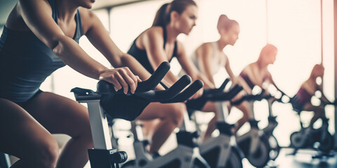 Group of fit people spinning on exercise bikes. Cycling class in fitness club.