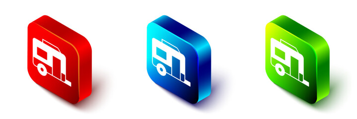 Isometric Rv Camping trailer icon isolated on white background. Travel mobile home, caravan, home camper for travel. Red, blue and green square button. Vector