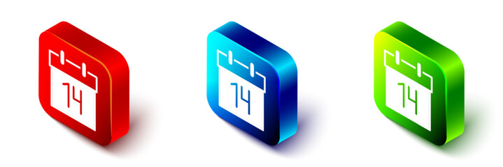 Isometric Calendar icon isolated on white background. Event reminder symbol. Red, blue and green square button. Vector