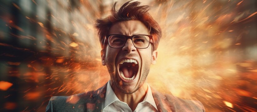 Portrait of overjoyed middle aged businessman screaming and shouting gesturing excitement on fire background.