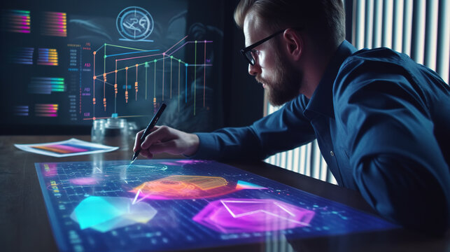 Businessperson working with media image on virtual screen. Modern technology and business concept