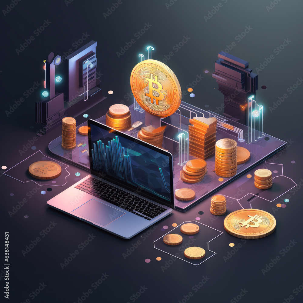 Poster simple and secure payment with cryptocurrency, concept image on dark background.