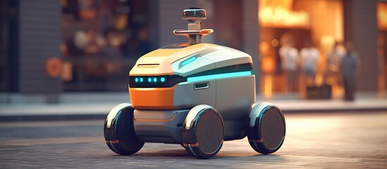Autonomous delivery robot driverless on city street. Concept of future, technology, unmanned courier robot.