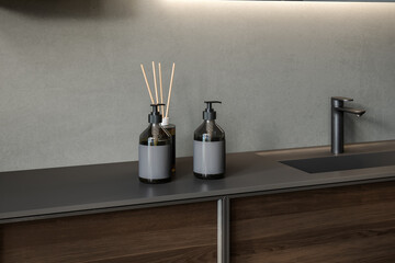 3D render close up perspective blank empty space on black ceramic vanity unit counter top in the bathroom with faucet, morning sunlight, wall, Elegance