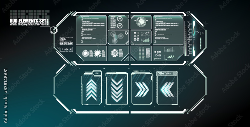Poster Futuristic Vector HUD Interface Screen Design. Digital callouts titles. HUD UI GUI futuristic user interface screen elements set. High tech screen for video game. Sci-fi concept design.