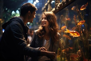 A man and a woman looking at a fish tank. Digital image. Romantic couple visits aquarium.