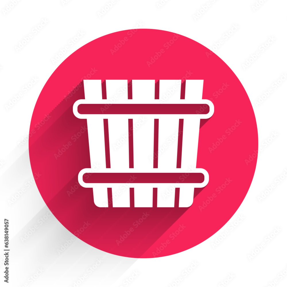 Poster white sauna bucket icon isolated with long shadow background. red circle button. vector