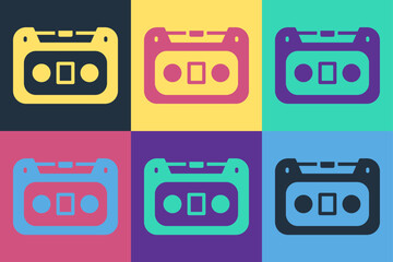 Pop art Retro audio cassette tape icon isolated on color background. Vector