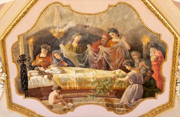 Tuinposter NAPLES, ITALY - APRIL 20, 2023: The fresco of Death of St. Elizabet of Hungary in the church Chiesa di Santa Caterina a Chiaia by Gustavo Girosi (1909). © Renáta Sedmáková