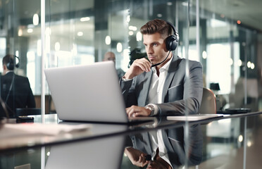 Fototapeta na wymiar Portrait of male call center operator wearing headphones in formal wear, sitting at workplace, using laptop.