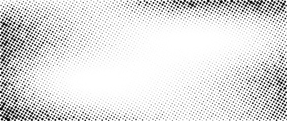 Doted halftone faded wavy gradient texture. Grunge dirty speckles and spots background. Black and white uneven sand grain wallpaper. Retro random pixelated comic vector backdrop