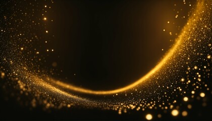 Digital gold particles wave with shining floor - light abstract background, particle stars dust, futuristic glittering, luxury golden sparkling, black background