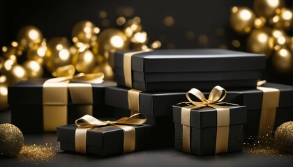 Black arranged gift boxes with ribbon and bow on black background for Black Friday