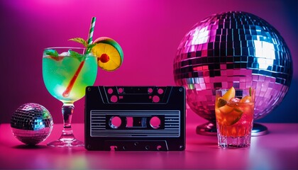 Nostalgic Y2K design: cassette tape, disco ball, and cocktail on crumpled neon
