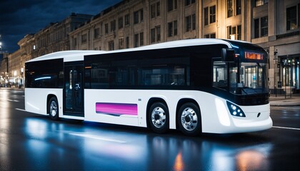 Obraz premium Sleek and ultra-modern self-driving autonomous electric bus on city street with neon lights and motion blur