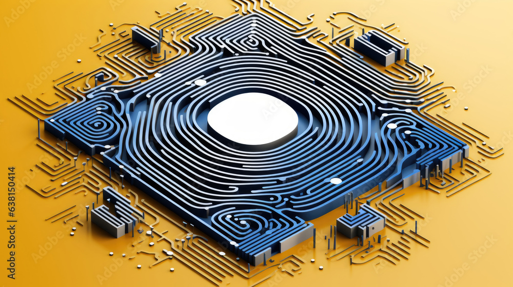 Aufkleber blue computer chip with fingerprint labytinth pattern, isometric projection. cyber security concept.