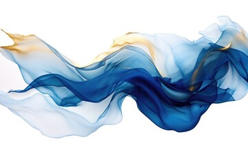 A blue and yellow flowing fabric on a white surface. Digital image.