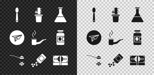 Set Heroin in a spoon, Cactus peyote pot, Test tube and flask, Medicine bottle pills, Stacks paper money cash, Messenger and Smoking pipe icon. Vector