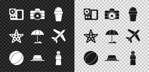 Set Photo camera, Ice cream in waffle cone, Beach ball, Man hat with ribbon, Bottle of water, Starfish and Sun protective umbrella for beach icon. Vector