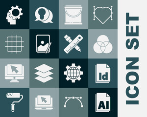 Set AI file document, ID File, RGB and CMYK color mixing, Paint bucket, Graphic tablet, Grid graph paper, Human head with gear inside and Crossed ruler pencil icon. Vector