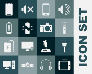 Set Graphic tablet, Electric plug, Flashlight, Smartphone, mobile phone, Broken battery, Battery charge level indicator, and Photo camera icon. Vector
