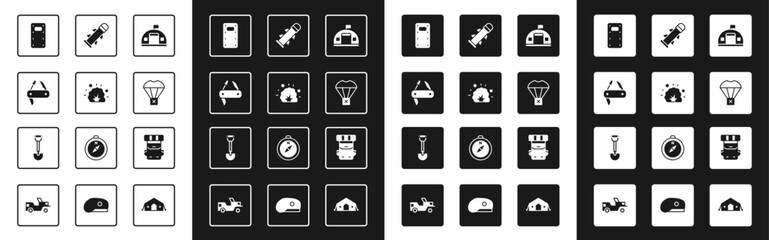 Set Military barracks, Bomb explosion, Swiss army knife, assault shield, Box flying parachute, Rocket, Hiking backpack and Sapper shovel icon. Vector