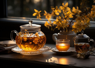 Fototapeta premium autumn table with autumn tea and leafs on window seat, in the style of enchanting lighting, light orange