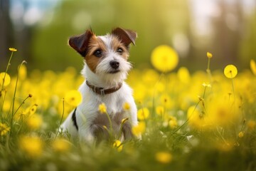 Small Jack Russell terrier sitting on meadow in spring