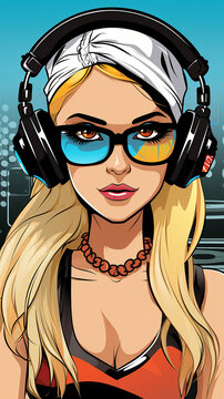 Estilo boneca Bratz. Desenho de uma linda mulher de figura completa estilo ver&atilde;o electro house music em fone de ouvido