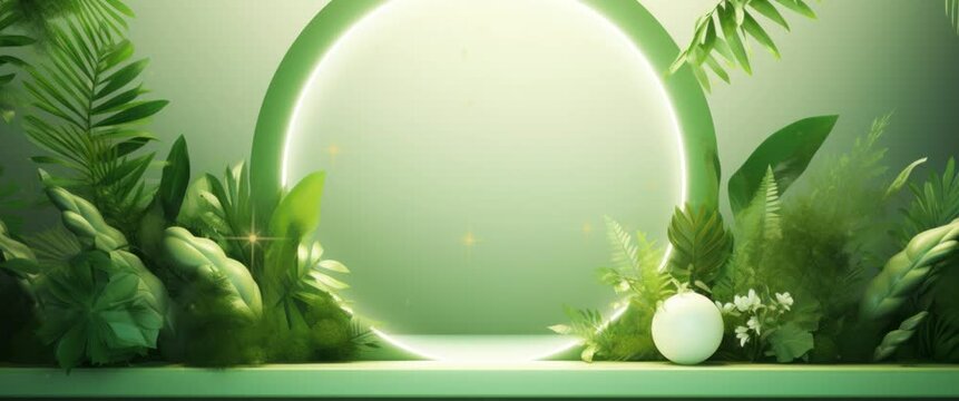 Anamorphic video podium footage for product presentation. 3D illustrations scene with green leaves background