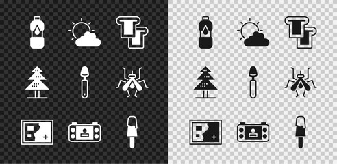 Set Bottle of water, Sun and cloud weather, Bread toast, Folded map, Portable video game console, Ice cream, Tree and Spoon icon. Vector