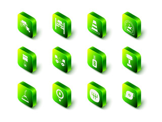 Set Repair car on lift, Traffic cone, Motor gas gauge, Gear shifter, Automotive turbocharger, Car key with remote, and Tire pressure icon. Vector