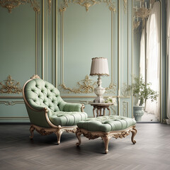 Green vintage baroque style luxury armchair and lamp  in front of a green wall with golden flower...