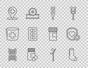 Set line DNA symbol, Inhaler, Medical digital thermometer, Medicine bottle and pills, Map pointer with cross hospital, Pills blister pack, Crutch or crutches and Shield heart rate icon. Vector