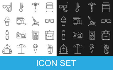 Set line Cocktail and alcohol drink, Hiking backpack, Glasses, Tropical palm tree, Rv Camping trailer, Ice cream waffle cone, Diving mask snorkel and Sunbed icon. Vector