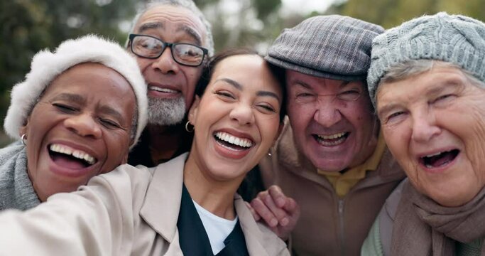Caregiver, old people and selfie, happiness outdoor with elderly care and wellness, health and fresh air. Laughing, memory and social media, portrait and smile in picture with photography and joy