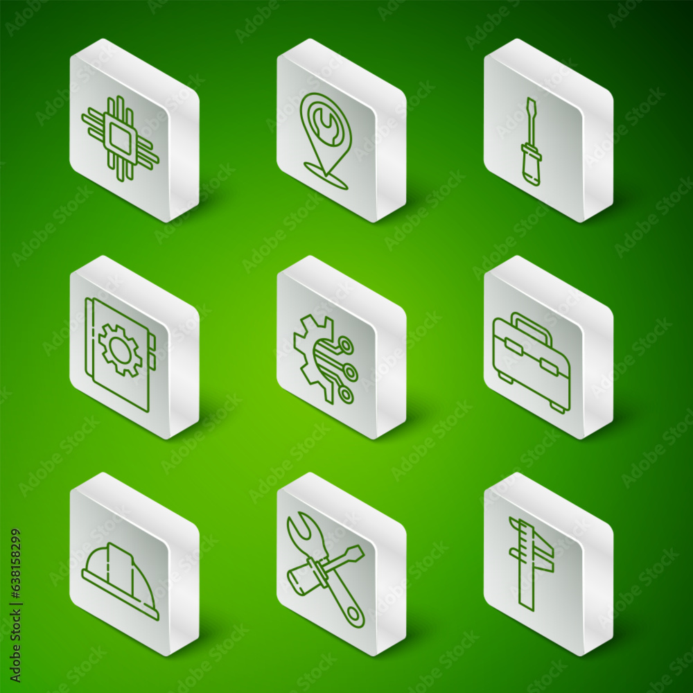 Poster set line calliper or caliper and scale, screwdriver wrench spanner, processor with microcircuits cpu