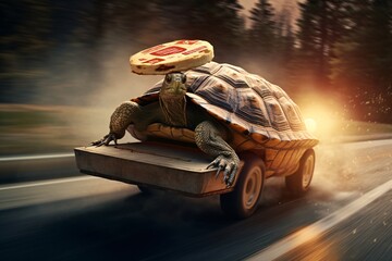 A pizza delivery car racing against a tortoise