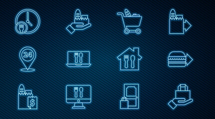 Set line Online ordering and delivery, burger, Shopping cart food, Round the clock, and icon. Vector