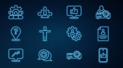 Set line Hand like, Resume, Head hunting, Question mark, Project team base, and icon. Vector