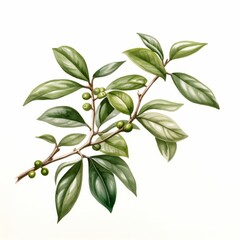 Coffee beans and leaves on a white background