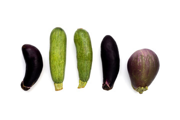 Eggplant with zucchini on white background