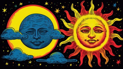 Sun and Moon Psychedelic Retro Pop-Art Surreal Trippy Cosmic Fantasy Artwork