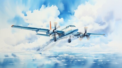 Obraz premium Plane aircraft cloudy sky watercolour painting picture AI generated art