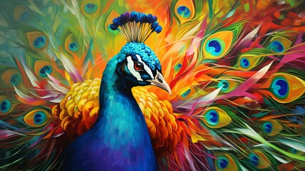 Obraz premium Beautiful colorful peacock head acrylic painting photography image AI generated art