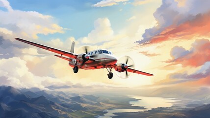 Plane aircraft cloudy sky watercolour painting image AI generated art