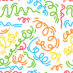 Fototapeta na wymiar Fun colorful line doodle seamless pattern. Creative minimalist style art background for children or trendy design with basic shapes. Simple childish scribble backdrop.
